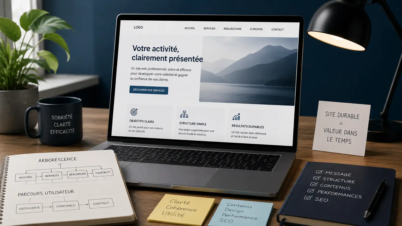 Maquette sobre d’un site web sur écran avec repères de structure